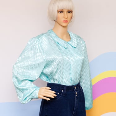 Vintage 1980s Aqua Bishop Sleeve Blouse | XL | 15 