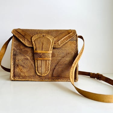 Vintage Handmade 90s Tan Soft Genuine Croc Leather Structured Western Bag 