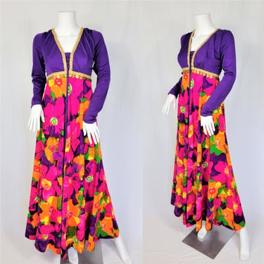 1960's Purple Floral Print Barkcloth Lace-Up Bodice Long Maxi Dress I Sz Med I Hawaii I Hawaiian Dress 