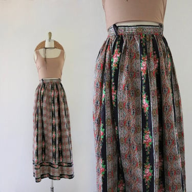 70s calico maxi skirt - 25.5- vintage paisley floral cute womens XS extra small black boho bohemian hippie spring summer festival skirt 