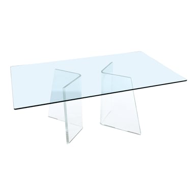 Glass Top Rectangular Dining Table with Asymmetric Angled Lucite Pedestal Bases 