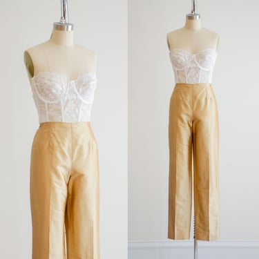 high waisted pants 90s y2k vintage Talbot's gold silk straight leg trousers 