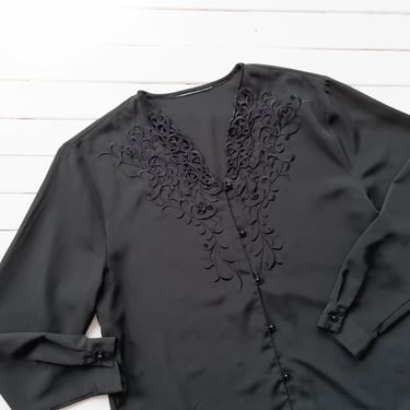 embroidered black blouse | 80s 90s vintage dark academia cutwork lace gothic antique style silky long sleeve blouse 