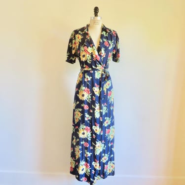 1940's Navy Blue Rayon Satin Floral Robe House Dress Coat 40's Robes Loungewear Rockabilly WW2 Era  29