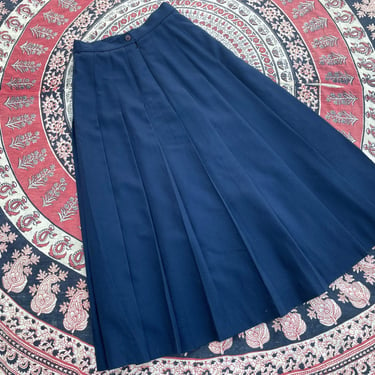 Vintage ‘80s ‘90s Laura Ashley navy blue wool pleated skirt | long length & full, stitch down pleats, Academia aesthetic, S 