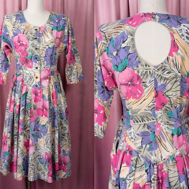 Vintage 80s Cotton Bold Floral Print Button-Front Dress with Keyhole Cutout Back and Side Ties 