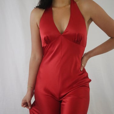 Vintage Cherry Red Silk Jumpsuit - XS 