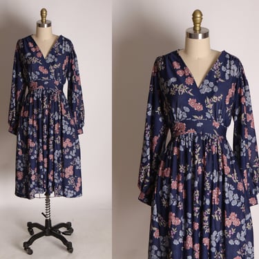 1970s Dark Blue, Light Blue and Dusty Rose Pink Floral Long Sleeve Belted Dress by In Roads of Dallas -L 