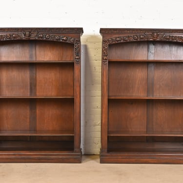 R. J. Horner Style Antique Victorian Renaissance Revival Carved Walnut Bookcases, Pair