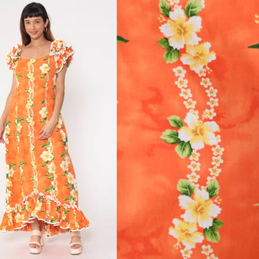 Hawaiian Maxi Dress 90s Orange Ruffled Floral Dress High Low Hem Retro Flamenco Long Tropical Dress Summer Short Sleeve Vintage 1990s Large 