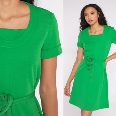 Green Wool Dress 60s Mod Mini Dress 70s Twiggy Shift Dress Belted Saks Fifth Avenue A Line Scoop Neck Sixties Vintage Minimalist Small S 