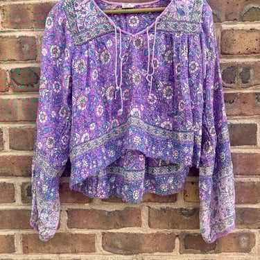 Vintage 1970s Purple Floral Indian Cotton Long Sleeve Boho Blouse Small to Medium by TimeBa