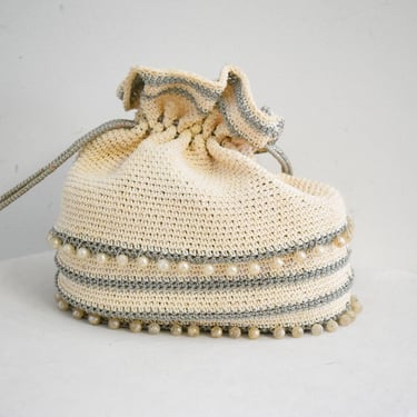 1950s Cream and Silver Crochet Purse with Faux Pearls 