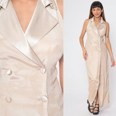 90s Champagne Party Dress Sleeveless Double Breasted Button Up Maxi Column Formal Prom Shimmery Cocktail Vintage 1990s Long Small 6 