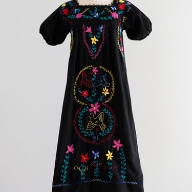 Vintage 1970's Colorful Embroidered Black Mexican Huipil Style Dress / M