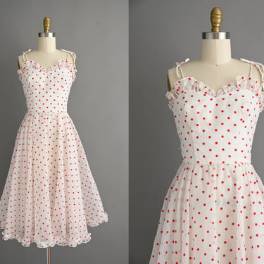 vintage 1970s Dress | Candi Jones Red Polka Dot Sweetheart Summer Dress | Small 