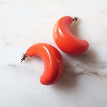 Vintage 70s 80s Hoop Earrings - Small Poppy Orange  Plastic Chunky Hoops - Orange Red  Earrings - Small Vintage Hoop Earrings 
