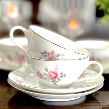 VINTAGE: 1950s - 7 Sets - Harmony House China Janet Teacup and Saucer Sets - Pink Roses - Tableware - Shabby Chic - Made in Japan 