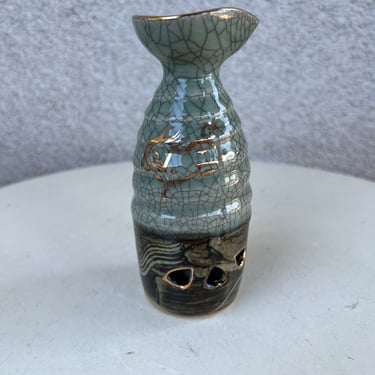 Vintage Somayaki ware Japanese sake bottle crackle green ceramic double wall gold horse 