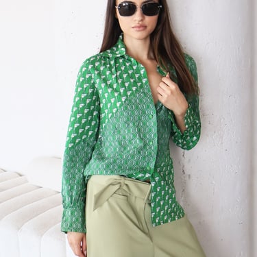 Vintage Christian Dior 1970s Kelly Green Silk Equestrian + Braided Rope Print Top Collared sz XS-M Peter Pan CD Logo Buttons 