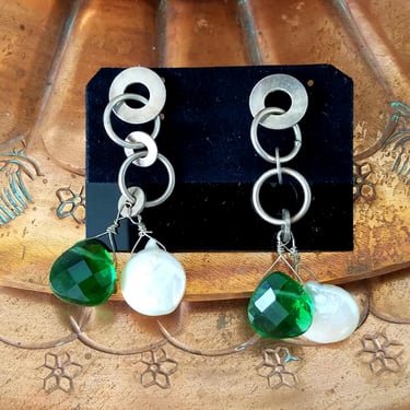 Sterling Boho Earrings~Pearl & Green Cut Glass Sterling Silver 925~White Freshwater Pearl~Artisan Statement Earrings~JewelsandMetals 