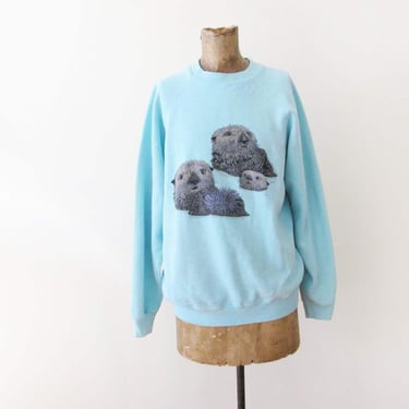 Vintage 80s Sea Otter Raglan Pullover Sweatshirt M L - Pastel Minty Blue Cute Kawaii Crewneck Jumper 