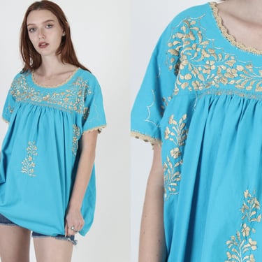 Teal Extra Large Womens Embroidered Oaxacan Tunic Blouse 