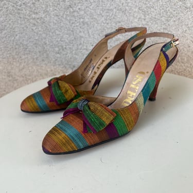 Vintage 70s glamorous heel slingback shoes stripe multicolor Thai silk fabric Sz 7 N by Deliso. 