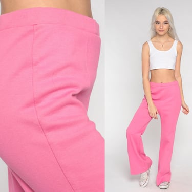 Bubblegum Pink Bell Bottoms 70s Flared Pants Bright Hippie Flares Plain Bellbottom High Waisted Rise Retro Trousers Vintage 1970s Medium M 