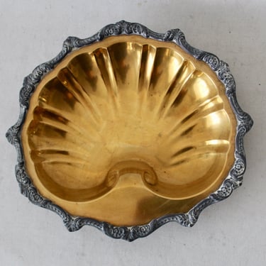 Vintage Mid Century Brass Pewter Shell Serving Bowl Cachepot Footed 