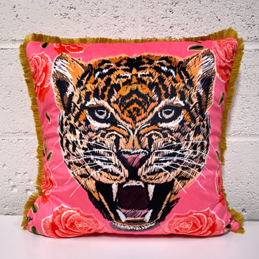 Pink Tiger Pillow with Gold Fringe