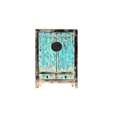 Distressed Aqua Blue Black Rim Marks Moon Face Credenza Side Cabinet ws4397E 