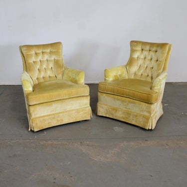 Pair of Mid-Century Modern Regency Velvet Tufted Back Club Chairs 