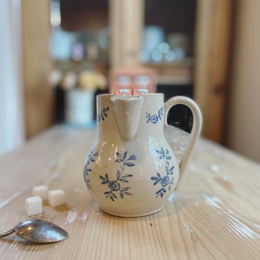 Beautiful vintage rustic farmhouse French stoneware creamer with blue floral design 