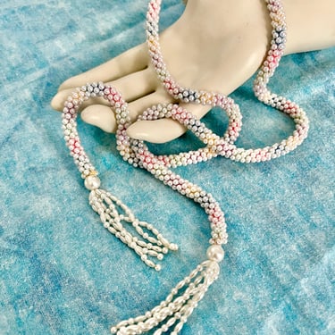 Long Rope Necklace, Faux Pearls, Multi Pastels, Tassel, Fringe, Lariat, Adjustable Length, Statement Vintage 80s 