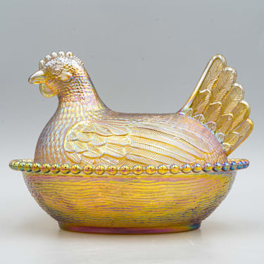 Indiana Iridescent Gold Carnival Glass Hen on a Nest | Vintage Chicken Covered Candy Dish 