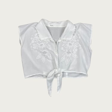 (M/L) 70s/80s White Floral Embroidered Tie Front Crop Top
