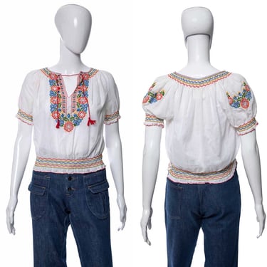 1960's White Floral Embroidered Peasant Blouse Size S