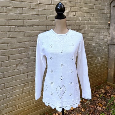 S ~ 80s White Knit Sweater Small, Cotton Pointelle Pearl Beaded Embroidered Tunic Sweater, 1980s Clothes Women, Vintage Clothing Worthington 