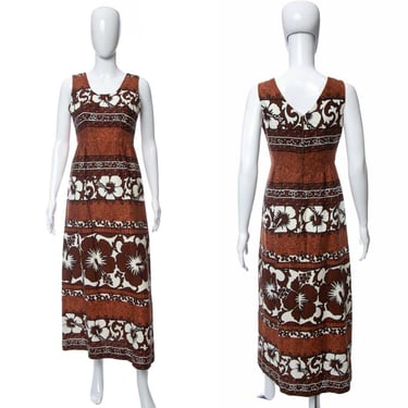 1960's Holo-Holo Brown and White Floral Printed Sleeveless Tiki Dress Size S/M