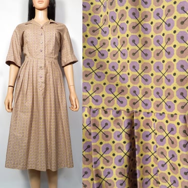 Vintage 50s Atomic Abstract Print Cotton Shirtdress Size L 
