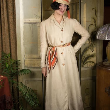 1900s Duster - Rare Edwardian Cotton Linen Full Length Automobile Motoring Coat with Puffed Sleeves, and Matching Silk Brimmed Motoring Cap 