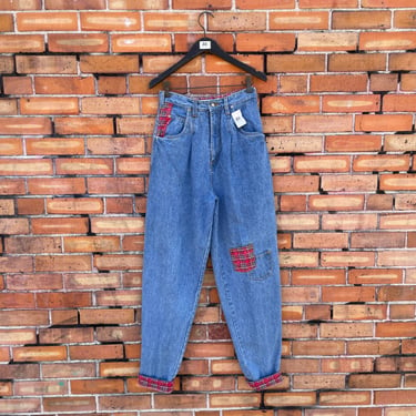vintage 90s blue and red plaid lined patched no! jeans / 27