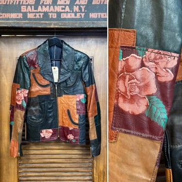 Vintage 1960’s “Gandalf” Brand Hippie Rocker Leather Patchwork Jacket, 60’s Floral Pattern, Vintage Clothing 