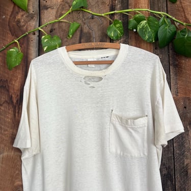 Vintage 80s Distressed Thrashed Pocket t blank t shirt paper thin size XL 