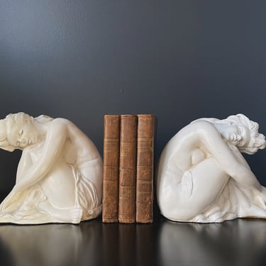 Vintage Chalkware Seated Woman Bookends White Marble Shelf Decor Set of Two Nude Sculpture Figurine Universal Statuary Corp Chicago 