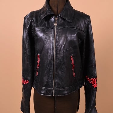 Black Leather Jacket with Fun Patches By Diamond-Plate Genuine Leather, M/L
