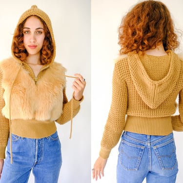 Vintage 70s PLYMOUTH Camel Tan Hooded Wool Knit & Sheepskin Shearling Zip Pullover Sweater | Made in Italy | 1970s Designer Bohemian Sweater 