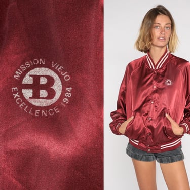 80s Satin Bomber Jacket Red Mission Viejo Excellence 1984 Baseball Jacket Maroon Windbreaker 1980s Snap Up Streetwear Warmup Extra Large XL 