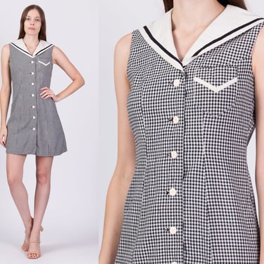 60s Gingham Sailor Collar Mini Dress - Extra Small | Vintage Black & White Retro Button Up Shift Dress 